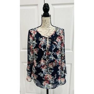 WHITE HOUSE BLACK MARKET Navy Multicolor Ruffle Front Lined Blouse Size 8